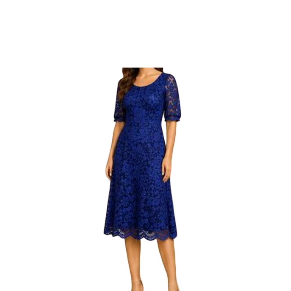 Badgley Mischka Dress Womens Size 2 Belle Dress Blue Lace Sheath Stretch Wedding